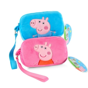 Soft plush Peppa Pig pencil case for girls in pink and blue, a fun school accessory.