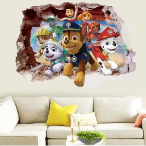 Large PAW Patrol peel-and-stick poster displayed on a wall in a girl's room with a chair.