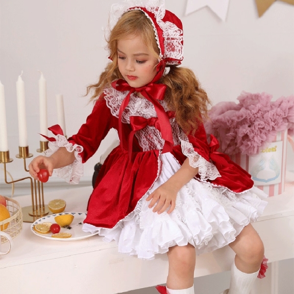 Full 4-piece view of the red princess costume for girls showing all included items.