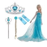 Complete Elsa Frozen cosplay princess costume dress for girls with crown included.