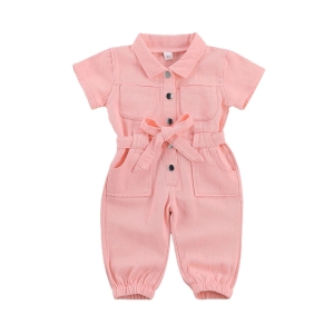 Pink denim dungaree romper for girls, a trendy and fashionable pink playsuit.