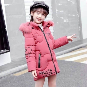 A warm hooded winter puffer jacket for girls worn by a little girl, perfect for cold-weather adventures.