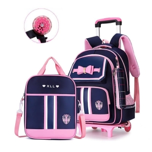 A stylish wheeled backpack for girls displayed upright, perfect for school with easy-roll wheels and fun design.