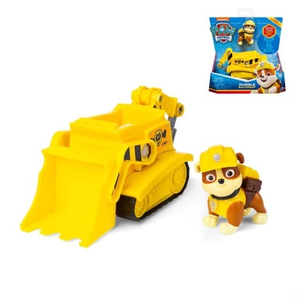 A Rubble Paw Patrol vehicle with figure shown with its original box, perfect for imaginative rescue play.