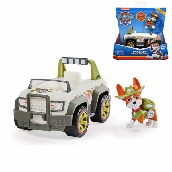 A Paw Patrol Tracker car toy for girls shown in its packaging, a fun vehicle for imaginative play and Paw Patrol adventures.
