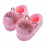 Close-up of the fun cat ears on these soft cotton slippers for girls, showing the playful design.