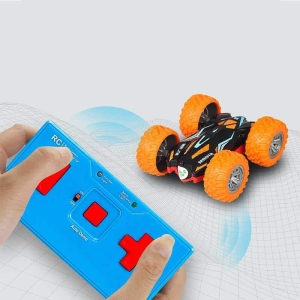 Orange double-sided remote control car for girls with blue remote, a fun and exciting toy for active play.