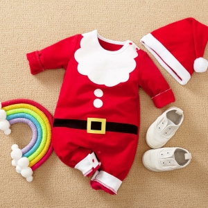 A festive Christmas babygrow and matching Santa hat set for baby girls, made from soft high-quality materials