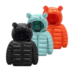 A girls' quilted padded jacket with teddy bear ears on the hood, warm and adorably cosy for winter