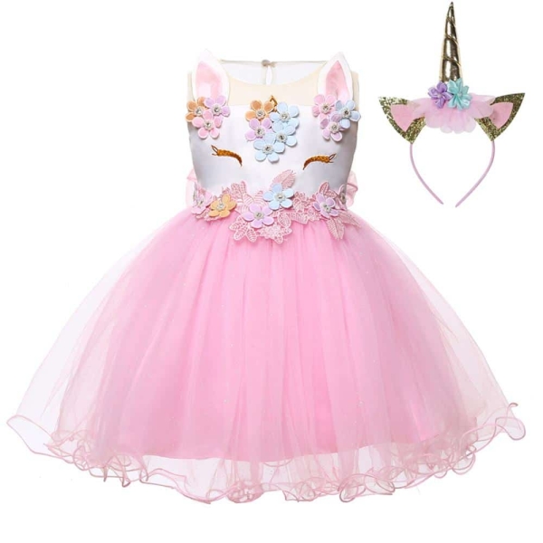 A girls' unicorn costume dress with a multicolour lace tutu, perfect for parties and fancy dress fun