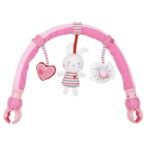 Overhead view of the pink educational hanging baby toy with various sensory features for girls.