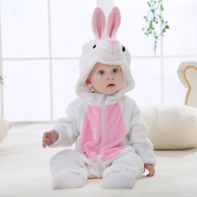 Full view of a girls' bunny rabbit babygrow showing the complete costume-style outfit with ears