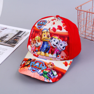 Side and brim view of the red PAW Patrol character cap for girls.