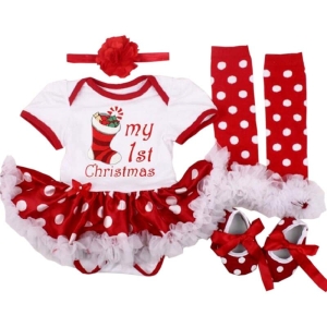 Detail of the girls Christmas costume highlighting the seasonal style and quality of the complete set.