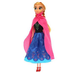 A beautiful Princess Anna from Frozen doll wearing a pink cape, a perfect gift for girls who love the Frozen story.