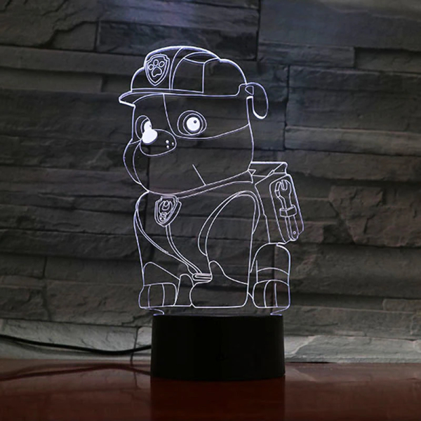 Close-up of the Rubble Paw Patrol 3D LED lamp showing the character detail and warm colourful glow effect.