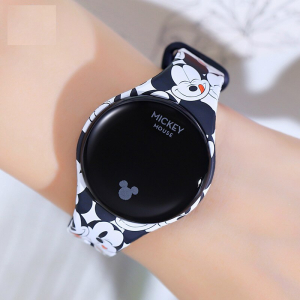A black smart connected watch for girls featuring a Mickey Mouse pattern design, blending fun Disney style with modern technology.