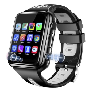 A sleek black smart watch for girls featuring a dual camera and video calling functionality, looking very trendy.