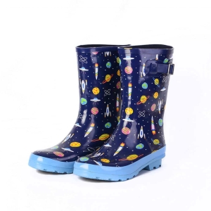 A pair of blue waterproof rubber wellies for girls featuring a fun space-themed cartoon pattern on a white background.