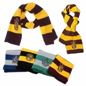 A multicoloured striped Hogwarts-style scarf for girls, inspired by Harry Potter, perfect for fans and fancy dress.