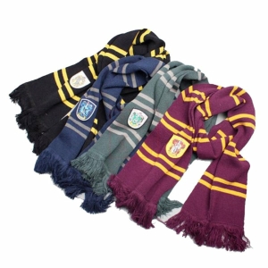 A classic striped Harry Potter Hogwarts scarf for girls, featuring bold house colours, great for cosplay and everyday wear.