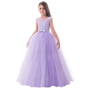 A little girl wearing a sleeveless violet tulle and lace princess-style party dress, elegant and perfect for celebrations.