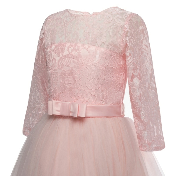 Front view of a girls pink lace and tulle celebration dress featuring a charming bow at the neckline and elegant three-quarter sleeves.