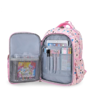 A range of orthopedic school bags for girls in various colours, highlighting the back support design and quality materials.