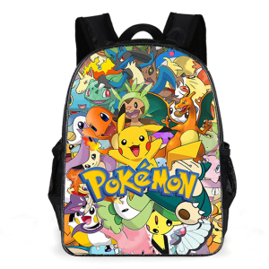 Close-up of the Pokémon character print on the girls black school backpack, showing Pikachu, Eevee and Bulbasaur artwork.