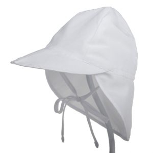 Full view of the baby sun hat showing the brim, neck flap, and the chin-tie cord to keep it secure during outdoor play.