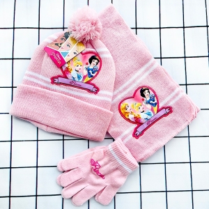 A pink Disney Princesses plush gloves, scarf and hat set for girls, soft and warm for winter adventures.