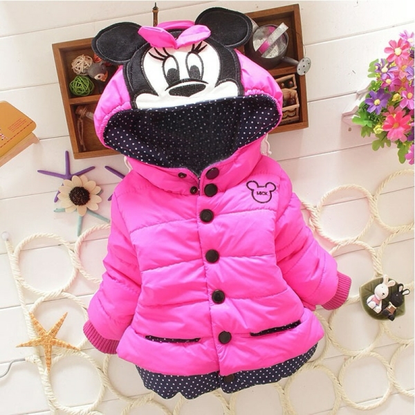 A cute Disney Mickey and Minnie Mouse hooded puffer jacket for girls, warm and playful for cooler days.