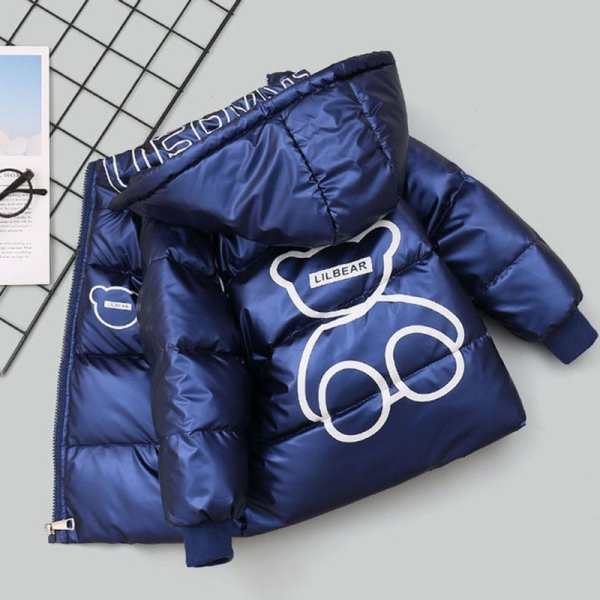 A thick blue hooded puffer jacket with cute bear pattern for girls, cosy and warm for winter outings.