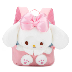 A lovely pink girls school bag featuring a cute bunny plush toy with big ears tied with a large pink satin bow, perfect for little girls.