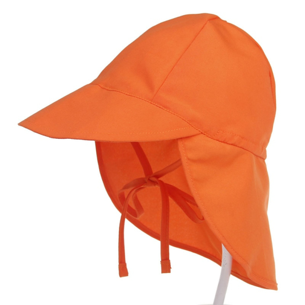 Full view of the orange baby sun cap showing the protective brim, neck flap, and adjustable chin tie for a secure fit.