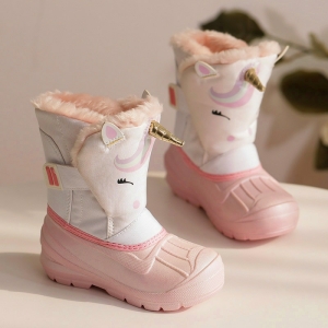 A pair of cold-resistant unicorn print winter boots for little girls, non-slip and cosy for snowy days.