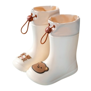 A pair of waterproof wellington boots with cute teddy bear motif for little girls, stylish and fun for rainy days.