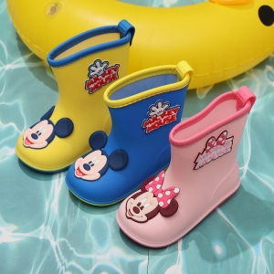 A pair of lightweight Mickey and Minnie Mouse wellies for girls, featuring cute Disney character faces in bright colours, perfect for rainy day adventures.