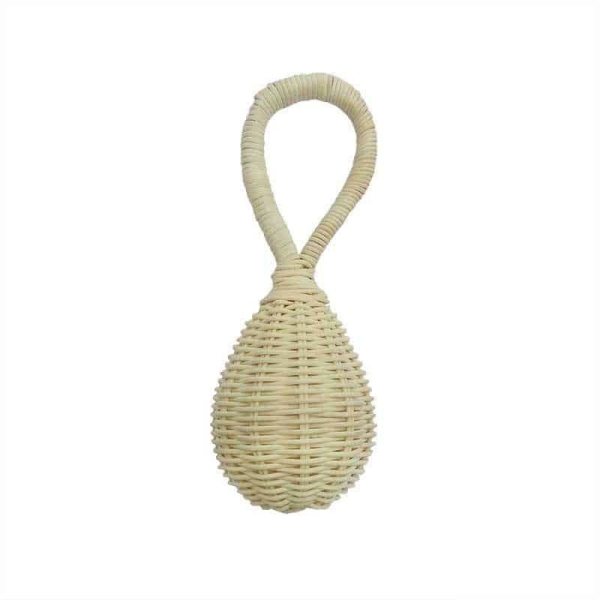 A natural rattan hand bell for babies, a safe and gentle sensory toy that produces a soft tinkling sound, encouraging early sensory and motor development.