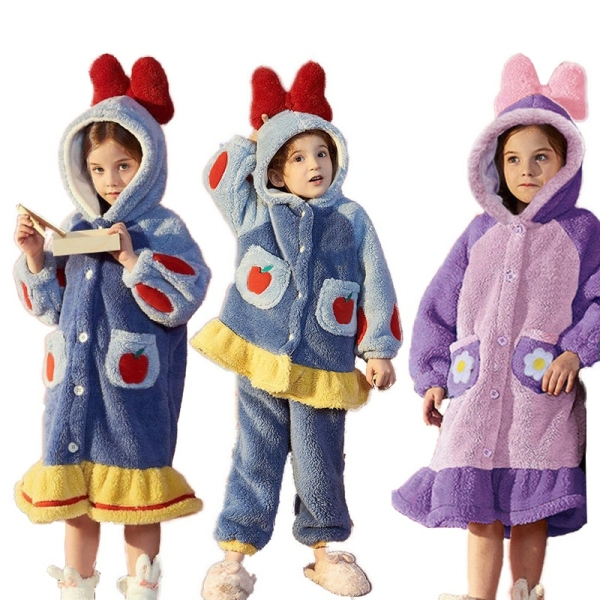 A magical Disney girls fleece pyjama set including a hooded nightdress and matching 2-piece set, featuring beloved princess characters, wonderfully warm for winter nights.