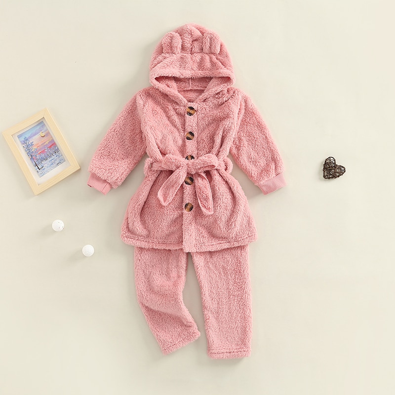 Girls' Hooded Fleece Pyjamas with Bear Ears and Waist Tie - Image 5