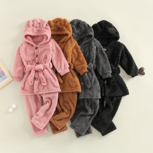 Charming girls hooded fleece pyjamas featuring cute bear ears and a waist tie, soft and warm for cosy bedtimes with a playful animal touch.