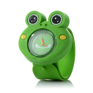 A cute 3D frog character watch for children in bright green, made from durable flexible plastic with a fun design, a delightful accessory for adventurous kids.