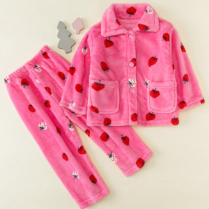 Delightfully cosy girls fleece pyjamas featuring a fun strawberry and cute bear print, soft and warm, perfect for bedtime snuggles.