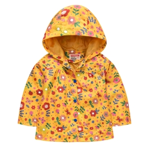 A gorgeous girls floral waterproof jacket, keeping little ones protected from the rain in bright and cheerful floral style.