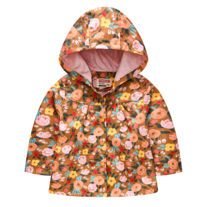 A beautiful girls floral print waterproof jacket, bright and stylish while keeping little ones completely dry on rainy days.