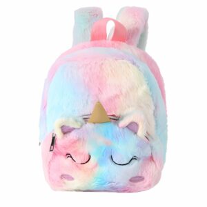 Close-up of the faux fur texture on the unicorn backpack, showing the soft fluffy material and magical unicorn design detail.