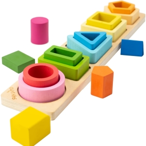 A wonderful set of wooden Montessori toys for girls to learn colours and shapes, providing multiple activities for hands-on early learning.