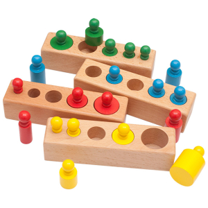 An educational Montessori wooden toy with 5 holes and 4 rows for girls to learn shapes and colours through sorting and stacking play.