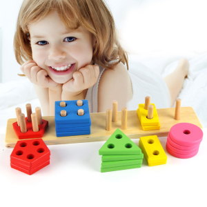 A vibrant colourful wooden Montessori toy for girls to learn geometric shapes, featuring bright colour-coded pieces for hands-on shape recognition.